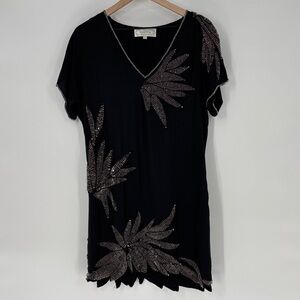 Beyond vintage silk sequin Black V-Neck dress with Leaf Detail medium